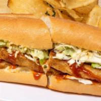 Fake Chicken Sandwich (Vegetarian) · Crispy barbecue tofu, topped with spicy slaw and mayonnaise on a toasted Amoroso hearth-bake...