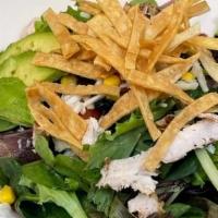Santa Fe Chicken Salad* · Chopped chicken breast and mixed greens with corn, black beants, tomato, Jack cheese, and cr...