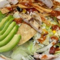 BBQ Chicken Salad* · Chopped lettuce, black beans, sweet corn, Cilantro, basil, tortilla chips and Monterey jack ...