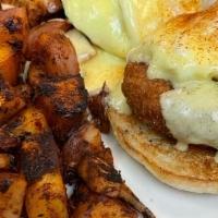 Crab Cakes Benedict* · Two crab cakes, two poached eggs and a rich hollaindaise sauce on an English muffin.