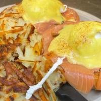Smoked Salmon Benedict* · Toasted bagel with cream cheese, grilled red onions, Norwegian smoked salmon, capers, poache...