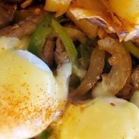 Tri-Tip Benedict* · Angus Sirloin cooked to perfection, Bell peppers, Poached Eggs, Fresh Jalapeños & Avocado, o...
