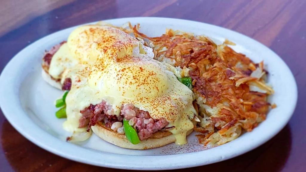 El Paso Benedict* · Toasted English Muffin with 8oz Corn Beef Hash, Onions, Bell Peppers, Poached Eggs and Hollandaise Sauce