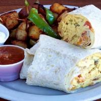 Breakfast Burrito · Four eggs stuffed with linguica, ortega green chilies, tomatoes and cheddar cheese, stuffed ...