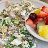 Protein Scramble · Egg whites scrambled with chicken apple sausage, mushrooms, asparagus, spinach, onions and g...