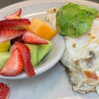 Fitness Group Omelette · Egg white omelette filled with turkey burger, tomatoes, mushrooms, avocados and cheddar chee...
