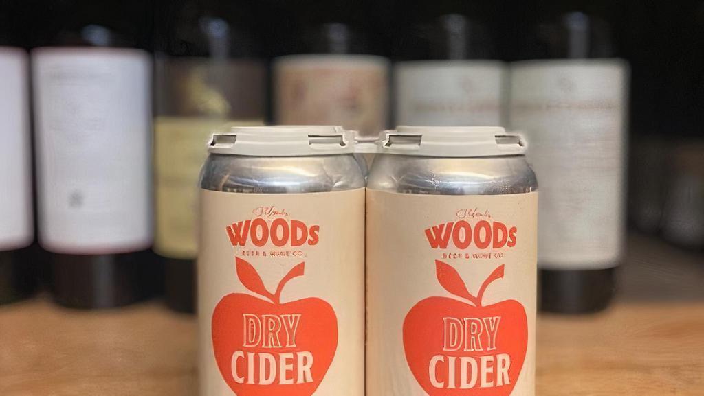 Woods Dry Cider · 12oz can available by the can or by the 4pack.  All alcoholic beverages must be purchased with food.