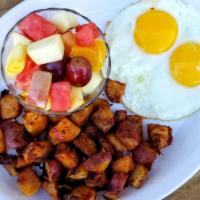 CG Breakfast · Two fresh eggs with two sides of choice. Can be made gluten-free by selecting gluten-free si...