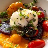 Burrata · By angelo e Franco served with sliced oranges, roasted red beets & cherry tomatoes