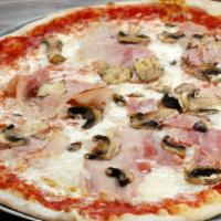Deliziosa · Mozzarella, tomato sauce, Italian ham and white mushrooms.