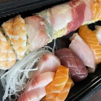 Super Combo · 4 pcs Nigiri and 5 pcs of sashimi /w the choice of dragon roll or rainbow
roll