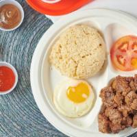 Adobosilog · pork marinated and simmered in garlic, soy sauce, and vinegar.

*includes a side of garlic r...