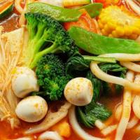 Vegetarian Wok   蔬菜锅 · Tomato, quail egg, taro mushroom, udon vegetable, carrot, tofu, cabbage, corn, enoki mushroo...
