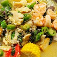 Thai Forest Chicken Wok   泰式森林锅 · Spicy. chicken. Shrimp. basil. Pepper. mushrooms. Corn. meatball. Fishball. fishcake, crabme...
