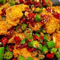 158. Fish Fillet with Explosive Chili Pepper   辣子鱼片 · Hot and spicy.