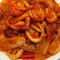293. Kimchi & Seafood Fried Rice Cake   辣白菜海鲜炒年糕 · Spicy.