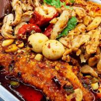 蜀湘海陆空麻辣烤鱼 · BBQ fish fillet &pork tripe pork intestine beef tripe chicken meat beef pork blood w/special...