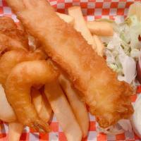 1 Piece Fish, 4 Jumbo Shrimps & Chips · Each fish around 4-6 inches long with our famous jumbo shrimps. Comes with tartar,cocktail a...