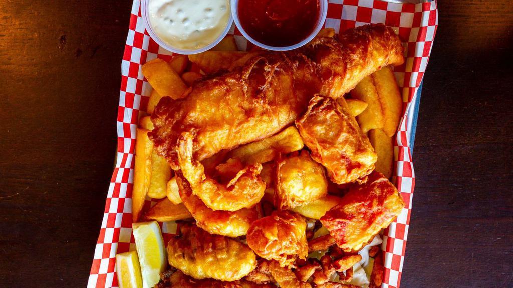 Seafood Variety · 1 piece fish, 2 pieces shrimps, 2 pieces oysters, 2 pieces scallops, 2 pieces crabs (imitation), 1/4 clams & chips.