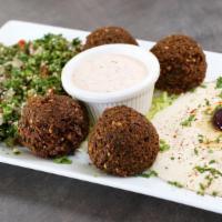 Falafel Plate · Four falafels with hummus and tabbouleh.