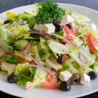 Greek Salad · Romaine lettuce, fresh tomato, cucumber, red onion, kalamata olives and feta cheese.