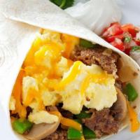 Breakfast Burrito · Flour Tortilla, 3 Scrambled Eggs, Cheese (1 option included), Potatoes, Green Onions, Salsa ...