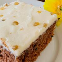 Carrot Cake · Traditional Carrot cake; contains: Wheat, Eggs, Milk, Walnut, Pecans and Soy.