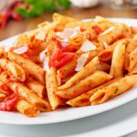 Penne Arrabbiata · Spicy garlic marinara topped with chili flakes, cream and Parmesan cheese.