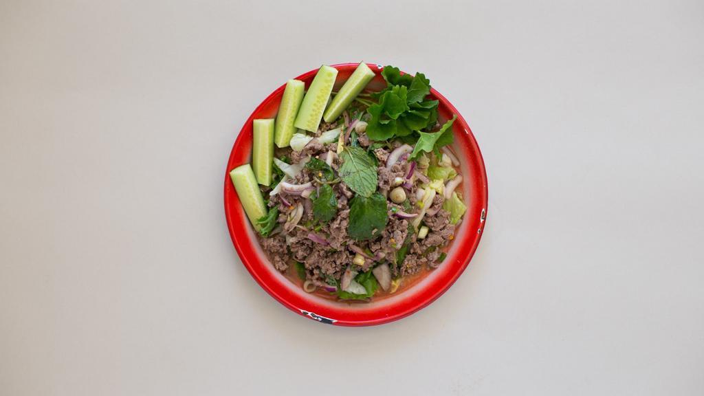 Larb · Choice of minced pork, chicken or beef, red onion, mint, fresh lime juice, cilantro, roasted rice powder and fresh chili.