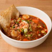 Tom Yum Noodle Soup · Spicy. Choice of noodle in hot and sour soup with shrimp, ground pork, fish balls and ground...