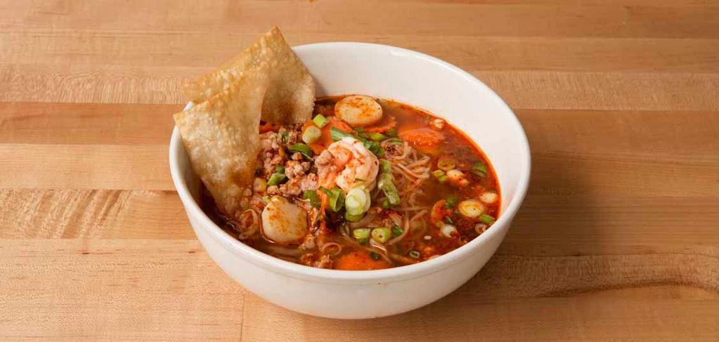 Tom Yum Noodle Soup · Spicy. Choice of noodle in hot and sour soup with shrimp, ground pork, fish balls and ground peanuts.