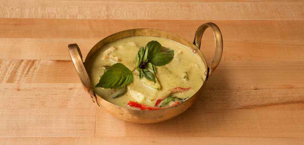Green Curry · Choice of meat, zucchini Thai eggplant, basil, fresh chilli, bell pepper, green curry paste, coconut milk.