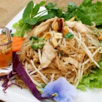 Pad Mee Lao · Laos version fried noodle. Small rice noodle with chicken, bean sprout green onion, black be...