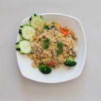 Fried Rice · Choice of meat, egg fried rice, Chinese broccoli, tomato, onion.