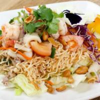 Instant Noodle Spicy Salad · Shrimp, calamari and minced pork with cabbage, garlic, cilantro, onion and chilli lime dress...