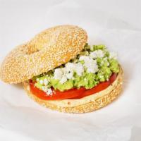 Vegetarian Bagel Sandwich · Hummus, smashed avocado, tomato, and feta cheese on your choice of bagel.