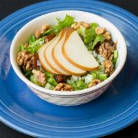 Pear Blue Cheese Salad · Vegetarian. Salad blue cheese, Pear, and glazed walnut with romaine lettuce. 
the dressing i...