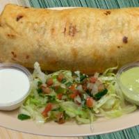 Chimichanga · Rice, refried beans, onions, cilantro,  cheese, salsa and your choice of meat wrapped and de...