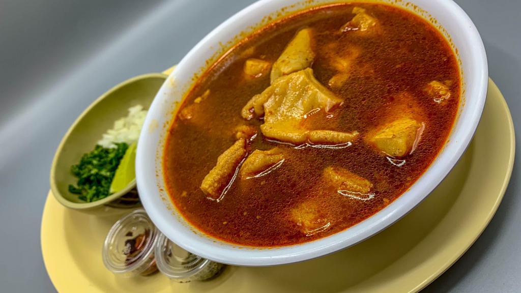 Menudo · A delicious traditional Mexican soup.
 served with a side of onions,cilantro, lime, oregano and fresh tortillas