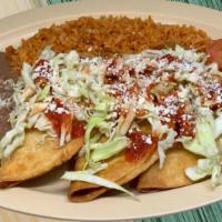 Crispy Potato Taco Plate  · Three crispy tacos filled with potato, deep fried to perfection, and topped with cabbage, ne...