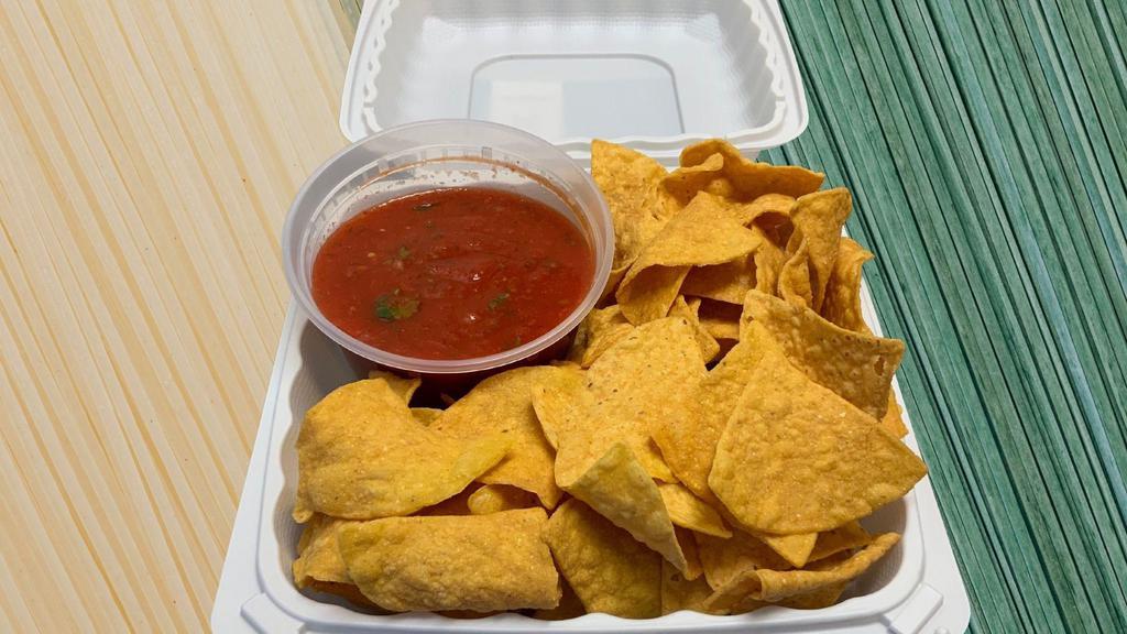 Family Size Chips + Salsa  · Serves about 4 to 5 people. Comes with a 9x9 Container of Chips and a Medium (12oz) Container of chip salsa