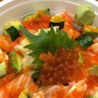 Salmon Oyako  · Salmon, ikura, shrimp, cucumber, avocado, tobiko, nori, over sushi rice.