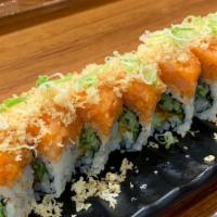Crunch  Roll  · Spicy salmon, tobiko, avocado, cucumber, tempura flakes.