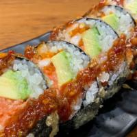 Volcano Roll · Shrimp, spicy tuna, avocado, tobiko, spicy chili sauce, Deep fried