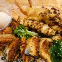 Una Ten Donburi · BBQ eel, Shrimp tempura, soft boiled egg, over rice