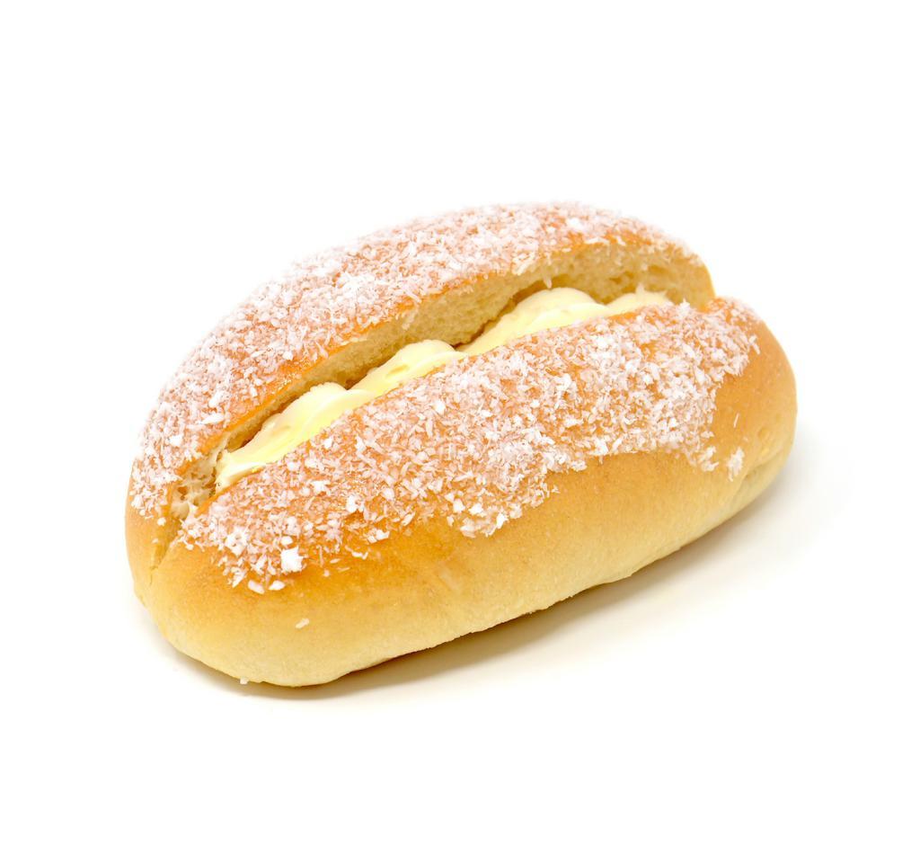 Cream Bun 椰絲奶油包 · Topped with shredded coconut flakes and filled with coconut cream.
