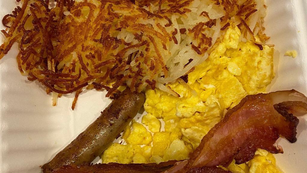 Country Breakfast · Two eggs any style, two strips of bacon, two sausage links and choice of (home fries) homemade country potatoes, or homemade hashbrowns , biscuits n gravy or two pancakes. Or toast instead