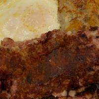 Corned Beef Hash · A Diner favorite Corned Beef Hash, Style of eggs, and choice of (home fries) homemade potato...