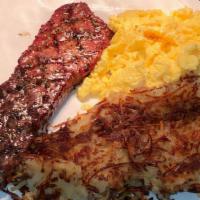 Diner Steak · Certified 100% Black Angus Beef thick cut steak (tri-tip) served with choice of eggs. choice...