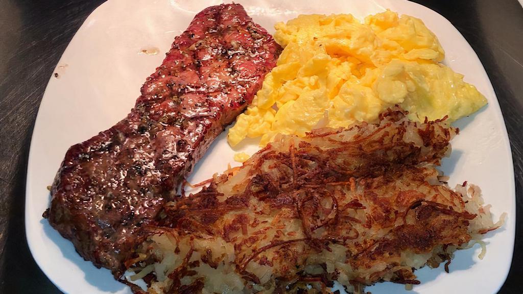 Diner Steak · Certified 100% Black Angus Beef thick cut steak (tri-tip) served with choice of eggs. choice of fresh homemade hashbrowns , or homemade country  potatoes. served with choice of toast or english muffin.